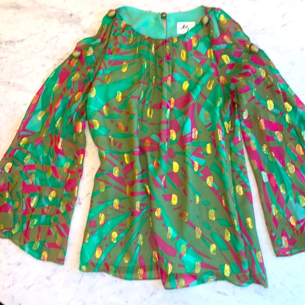 Milly New York Blouse Resort Silk Tropical Green Pink Gold Womens Size 6 - Picture 4 of 16